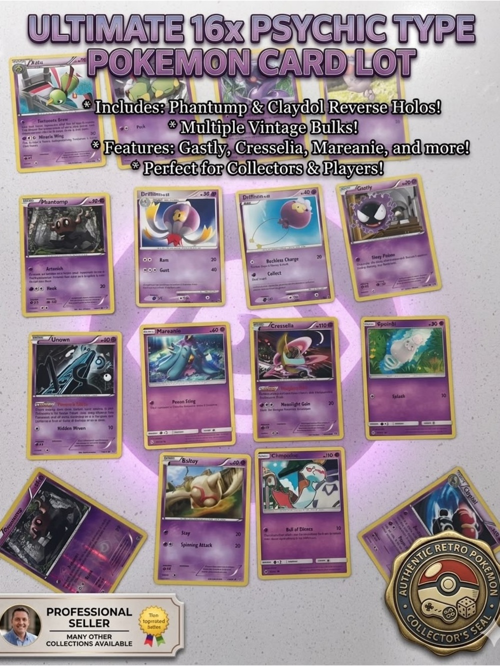 Lot 10 - 16 Psychic Pokemon Cards Phantump Reverse Holo Claydol Cresselia